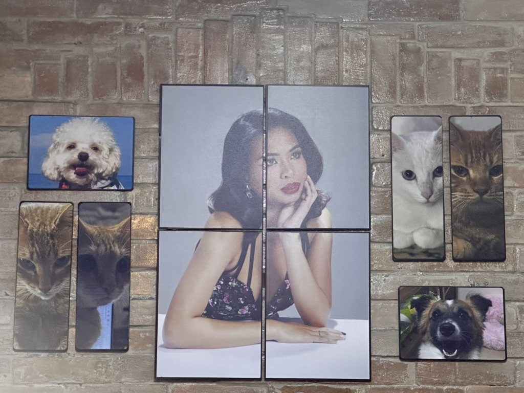 Personal family gallery wall featuring Iyenne and beloved pets on finished HEARTPRINTS laminated Sintra boards
